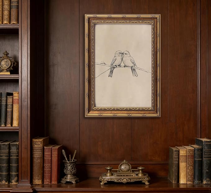 Vintage Gold Framed Bird Canvas Wall Art Two Birds Sketch Wall Decor Vintage Farmhouse Sketch Animals Artwork Retro Birds Painting Retro Rustic Print for Farmhouse Bedroom Living Room 16X24in