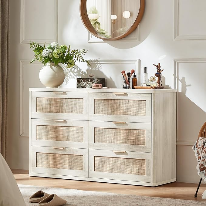 LEYAOYAO Rattan 6 Drawer Dresser for Bedroom, Boho 48" Wide White Dresser Chest of Drawers, Dressers TV Stand with Metal Handle, Storage Dressers Closet Organizer for Living Room, Hallway