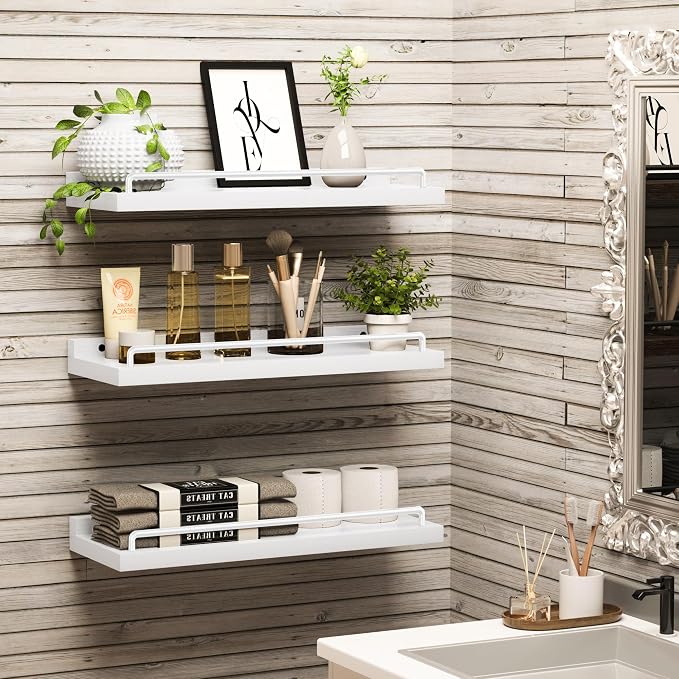 RYOFOBETTO Floating Shelves for Wall Decor, White Shelves for Bathroom, Living Room, Bedroom, Picture Frames, Plants, Kitchen (Set of 3)
