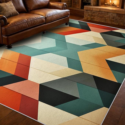 Mid Century Modern Area Rug 5x7, Washable Non-Slip Low Pile Abstract Geometric Carpet for Living Room Bedroom Home Office, Retro Contemporary Accent Rug in Teal Orange Cream Black