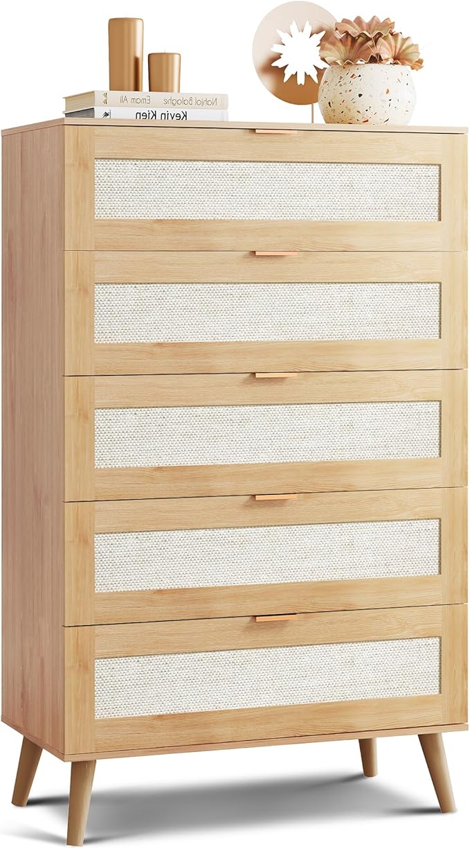 WLIVE Rattan Dresser for Bedroom, 50" Tall 5 Drawer Wooden Chest of Drawers, Boho Dresser Closet Storage Organizer for Living Room, Hallway, Light Oak