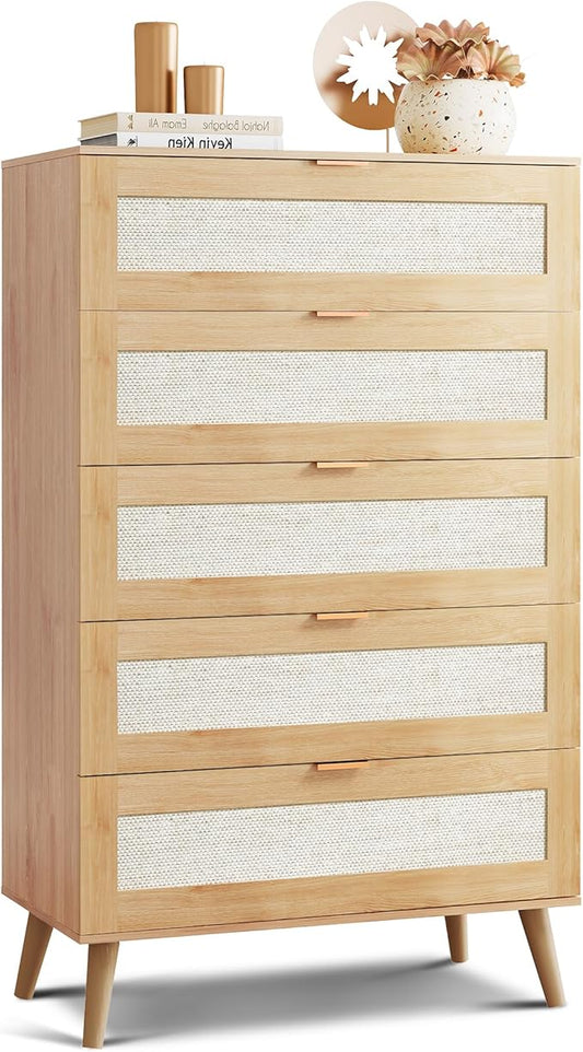 WLIVE Rattan Dresser for Bedroom, 50" Tall 5 Drawer Wooden Chest of Drawers, Boho Dresser Closet Storage Organizer for Living Room, Hallway, Light Oak