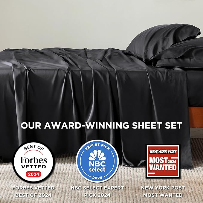 Bedsure California King Sheet Sets, Cooling Sheets for Hot Sleepers, Rayon Derived from Bamboo, Breathable & Soft, Deep Pocket Up to 16 Inches, Hotel Luxury Silky Bedding, Black