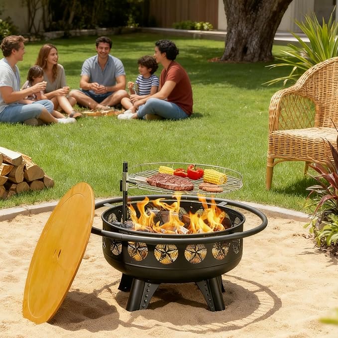 Verdeluxe 32 Inch Fire Pit with Swivel Cooking Grate,3-in-1 Wood Burning Firepit with Grill,Outdoor Fire Pits Table with Metal Lid and Poker for Outside Patio Backyard BBQ Bonfire Camping (32 Inch)