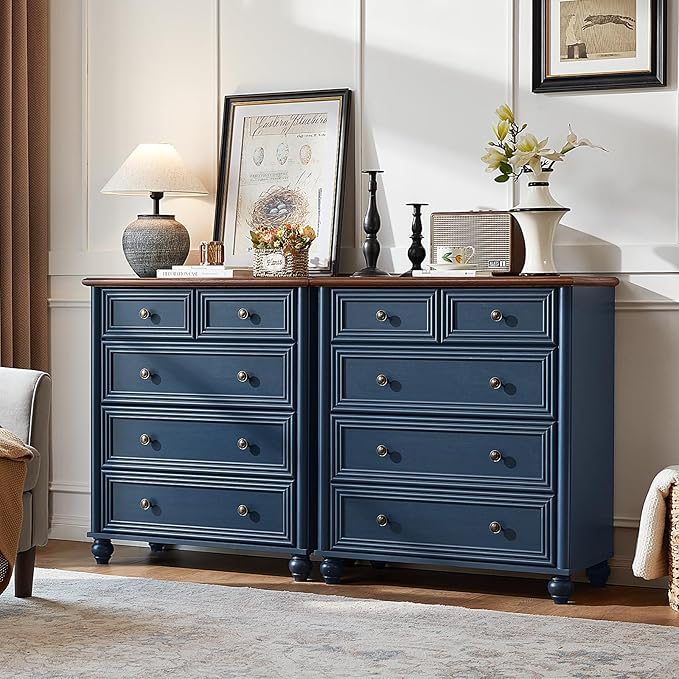 Farmhouse 5 Drawer Dresser, Blue Rustic Chest of Drawers, 35.5" Tall Small Dressers for Bedroom with Roman Column and Metal Handles,Wood Storage Organizer for Living Room, Hallway, Closet