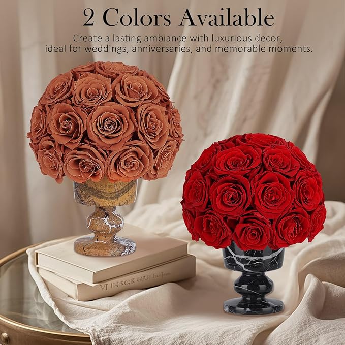 Forever Flowers Preserved Roses in Marble Vase, Fall Flower for Delivery, Eternal Roses Autumn Gift for Women, Table Centerpiece Flowers for Home Decor Party Living Room Bedroom Vintage Orange