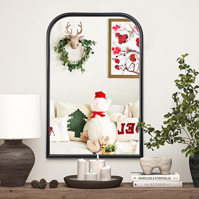 24"x36" Arch Wall Mirror Bathroom Mirror for Wall Mounted, Tempered Glass, Wood Grain Finish Frame Wall Mirror Decorative for Living Room Bedroom Entryway, Black