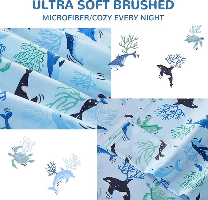 Viviland 4 Pieces Boys Blue Ocean Full Sheet Set - Soft Microfiber Fitted Flat Sheets & Pillowcases - Blue Ocean Whales, Sea Turtles, Marine Organisms Bedding Sets - for Kids & Toddlers