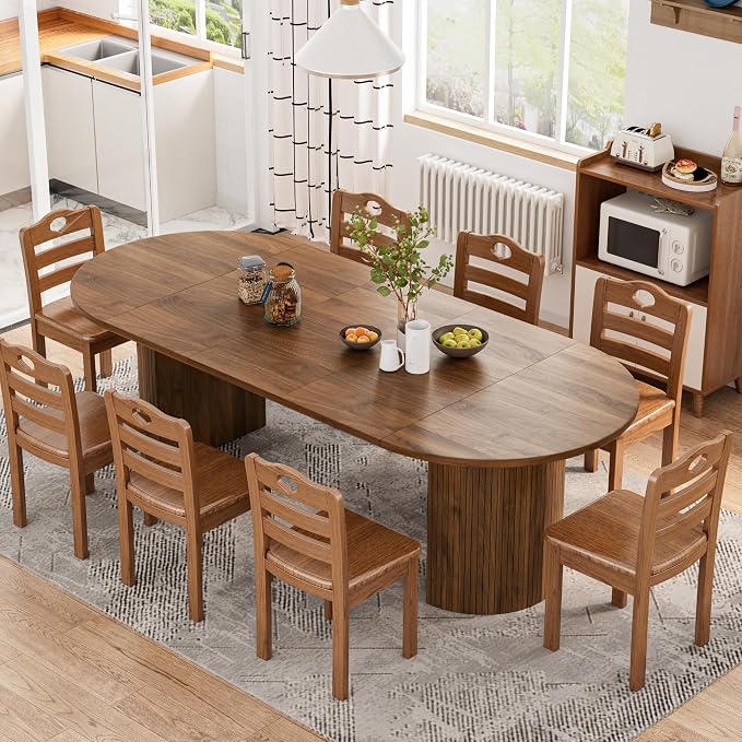 43-95 inch Long Round Extendable Dining Table for 4-10, Space Saving Oval Large Dinner Kitchen Table with 3 Leaf, 2 Storage, Fluted Mid Century Modern Dining Room Table for Living Room, Brown