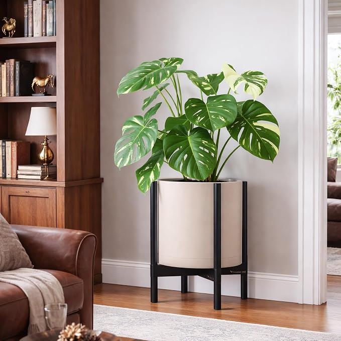 D'vine Dev Planter Pot with Stand - 14 Inch Plastic Cylinder Flower Pot with Wood Planter Holder for Indoor, Oatmeal Pot + Ebony Stand, 55-C-T-4