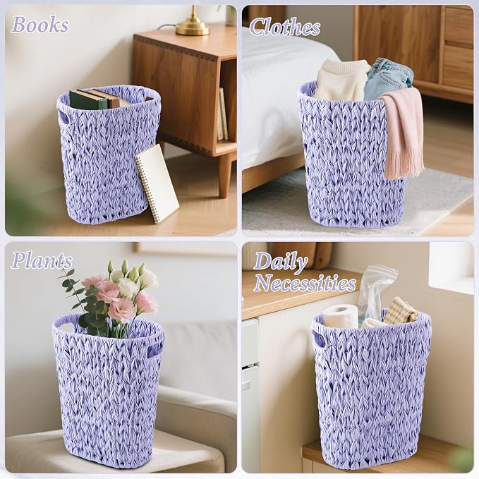 Bathroom Accessories Set, 25PCS Wicker Bathroom Accessory Set with Shower Curtain, Bath Mat, Soap Dispenser, Handwoven Trash Can & Rattan Tissue Box (Purple, Bath Set+Shower Curtain+Rugs)