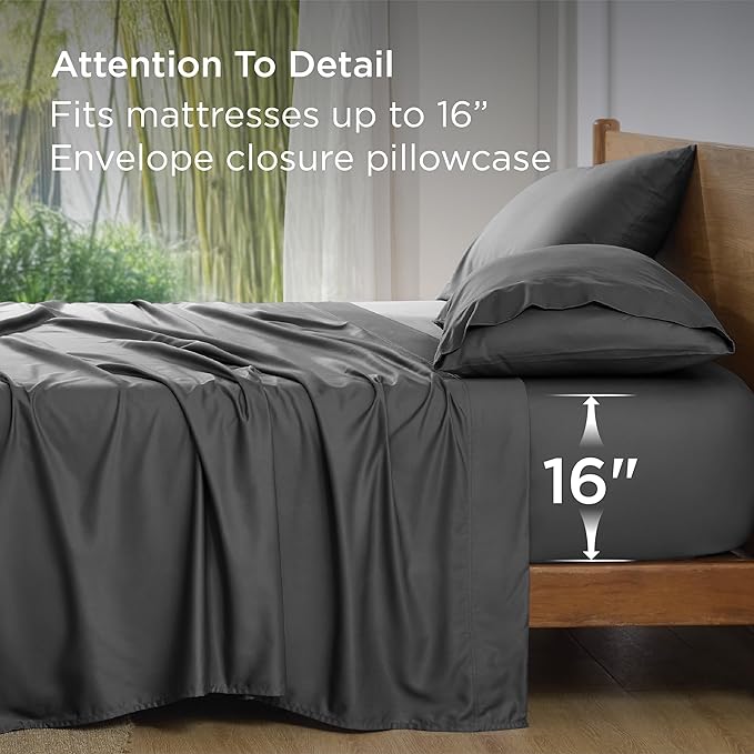 Bedsure King Size Sheets Set, Cooling Sheets for Hot Sleepers, Rayon Derived from Bamboo, Breathable & Soft, Deep Pocket Up to 16 Inches, Hotel Luxury Silky Bedding, Grey