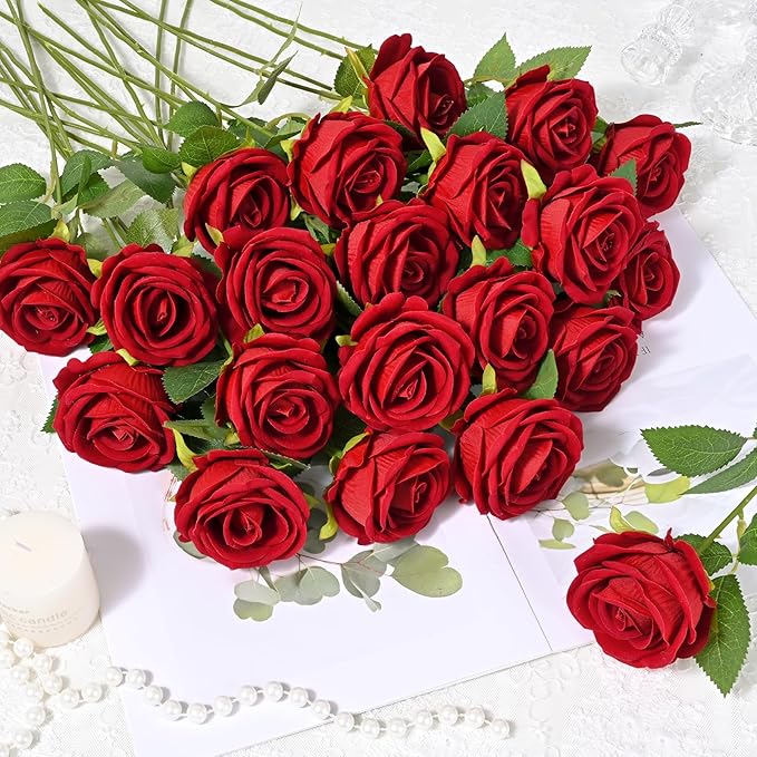 Waipfaru 100 Pcs Red Roses Artificial Flowers Bulk, Real Touch Velvet Roses with Wrapping Paper, Fake Flowers for Wedding Centerpieces Bridal Bouquet Valentines Mothers Day Decor