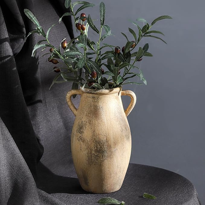 Large Ceramic Vase,11.3 inch Tall Farmhouse Flower Vase with 2 Handles, Terracotta Decorative Flower Vase for Home Decor, Living Room Entryway Table Centerpiece Decor