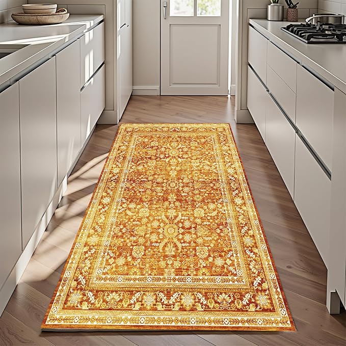OPPODREAM Vintage Orange 3x6 Runner Rug, 3 x 6 Retro Washable Rug Non Slip, Low-Pile Faux Wool Carpet, Distressed Floor Mat for Kitchen, Hallway, Entry-Way, Entrance, Indoor Back Door