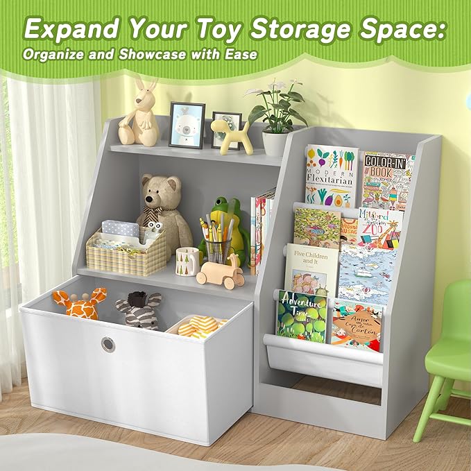 TOETOL Kids Bookshelf,Book Storage Organizer,4 Sling Toddler Wooden Book Shelf,2-Tier Kids Bookcase for Bedroom,Livingroom,Playroom,Nursery-Grey