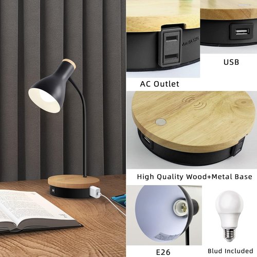 LALISU Metal Desk Lamp - Wireless Charging & Touch Control | 3-Way Dimmable Bedside Light (Black)