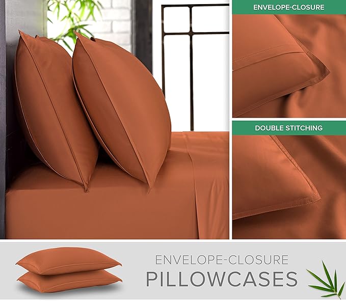 Pure Bamboo Twin Sheets, Genuine 100% Organic Viscose Derived from Bamboo Bed Sheet Set, Luxuriously Soft & Cooling, Double Stitching, 2 Year Quality Promise (Twin, Terracotta)