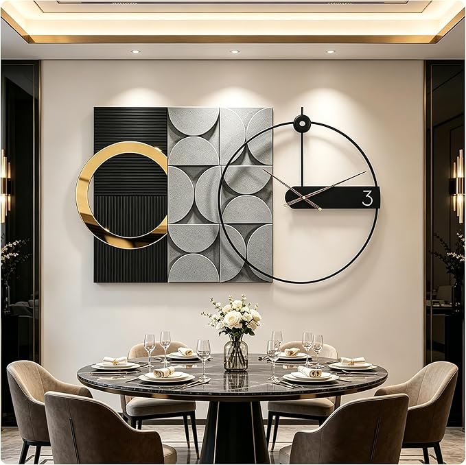 Modern oversized Wall Decor Clock, Large Geometric Decorative Wall Clock with 3D Textured Panels, Silent Non-Ticking Quartz, Black Gold & Grey Wall Art for Living Room Dining Room Office, 41×23.6"