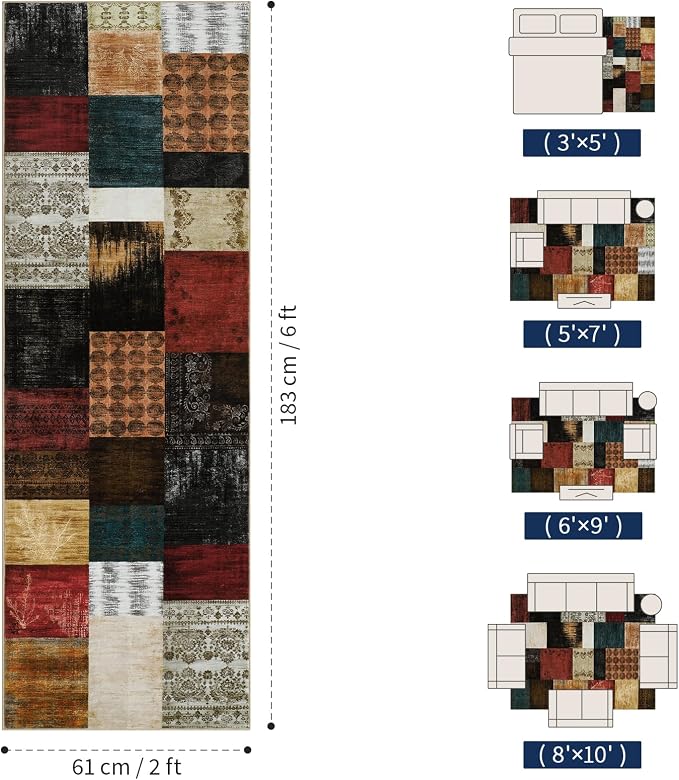 YIHOUSE Mid Century Modern Vintage Cowboy Runner Rug 2x6,Retro Patchwork Bedroom Rug,Red and Brown Floral Farmhouse Rugs Washable for Hallway Non Slip,Geometric Boho Area Rugs for Living Room