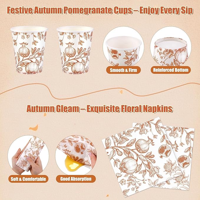 96 Pieces Fall Disposable Pomegranate Paper Plates Thanksgiving Vintage Floral Party Supplies Orange Floral Tableware Set Includes Paper Plates Cups Napkins Serve 24 for Wedding Baby Shower