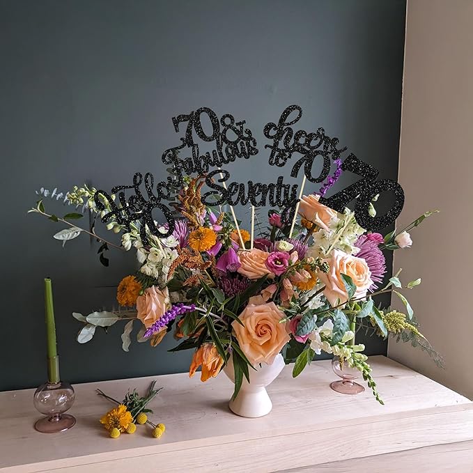 Gyufise 15Pcs 70th Birthday Centerpiece Sticks Seventy Happy 70th Table Flower Centerpieces Sticks Cheers to 70 Floral Decorations for 70th Birthday Party Centerpieces Supplies Black