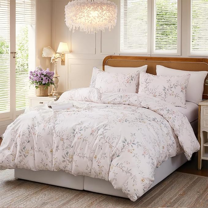 Duvet Cover Set King Size 3-PC Chic Garden Floral Ultra Soft 100% Long Staple Cotton Comforter Cover, Reversible Breathable Duvet Cover with Zipper Closure, Lightweight, All Season