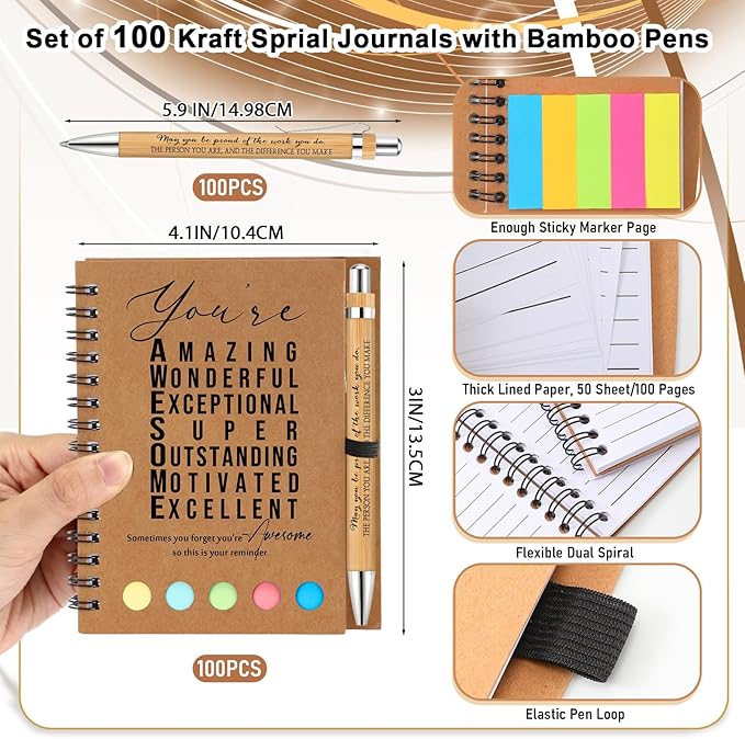 Jetec Inspirational Notebooks Bulk Spiral Notebook with Sticky Notepad Motivational Pens Valentines Day Gifts for for Employee Coworker Nurse Staff Teacher Nurse Volunteer(100 Sets,Amazing)