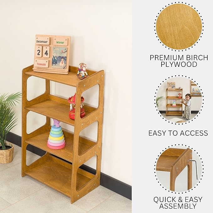 Montessori Bookshelf for Toddlers Solid Wood Toy Storage Shelf Organizer for Playroom and Classroom Floor Bookshelf for Kids Room (Oak, 4-Shelves)