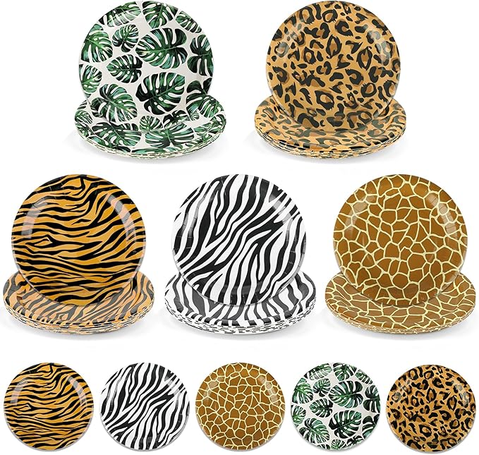 50 PCS Jungle Safari Party Tableware Supplies, Disposable Animal Print 7 Inch Paper Plates, Zebra Giraffe patterns Plates for Jungle Zoo Animal Themed Birthday Party Christmas Decor, Serves 50 Guests