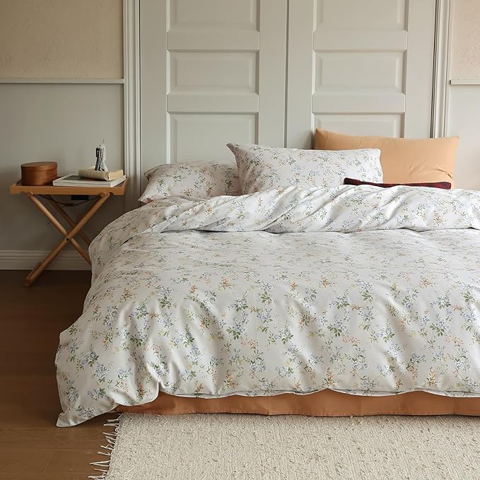 EAVD Vintage Style Garden Floral Duvet Cover Queen Soft Cotton Chic Shabby Floral Bedding Set with 2 Pillowcases Reversible Botanical Comforter Cover with Zipper Closure