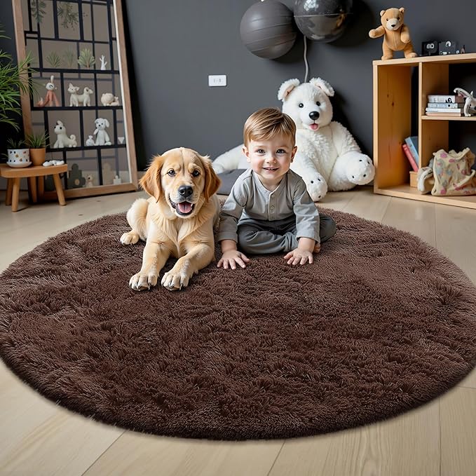 OLANLY Coffee Round Rugs for Bedroom - Machine Washable, 9 ft Circle Area Rugs for Living Room, Soft and Fluffy Shaggy Carpet for Teen Girls and Boys, Nursery Rooms, Dorms, Home Decor Aesthetic