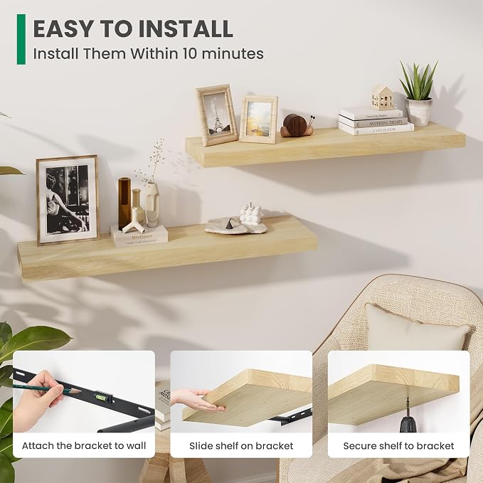 Solid Wood Floating Shelves For Wall, 36”W x 9”D x 1.56”H Large Wall Shelves for Living Room Bedroom Bathroom Kitchen Drcor Storage with Invisible Heavy-Duty Metal Bracket, Natural, Set of 2
