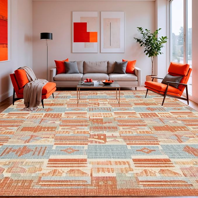 Flatwoven High Traffic Area Rug 6x9, Modern Farmhouse Geometric Terracotta Design, Non Slip, Stain Resistant, Washable Area Rugs for Living Room, Bedroom (Orange, 6x9)