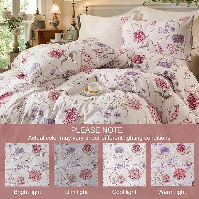 Bedding_Dreamer Queen Floral Comforter Set 100% Cotton Comforter 3 Pcs Red Pink Flower Bedding Set Lightweight Soft Reversible Bedding for All Season