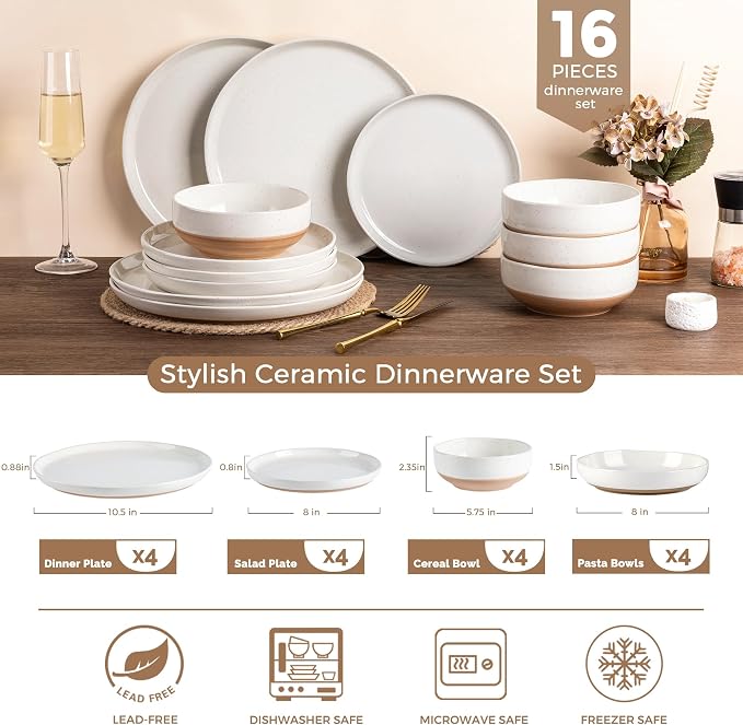 AmorArc Ceramic Dinnerware Sets with Pasta Bowls for 4, Handpainted Plates and Bowls Set with Rustic Terracotta Underside, Scratch Resistant Dishes Set, Dishwasher & Microwave Safe, 16 Pcs