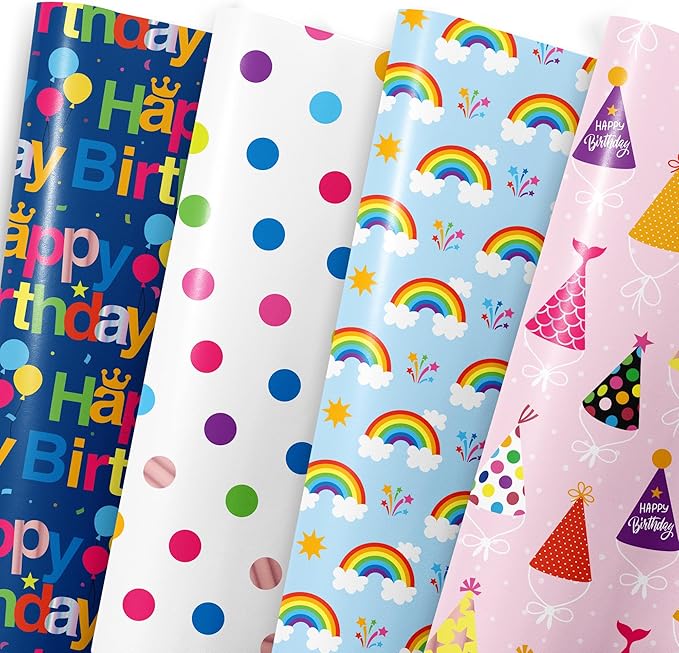 Birthday Wrapping Paper Sheet - 8 Sheets Folded Flat Gift Wrap with Colorful Hat, “Happy Birthday” Lettering, Rainbow with Clouds, Polka Dots for Party, Baby Shower - 20 X 28 Inch Per Sheet
