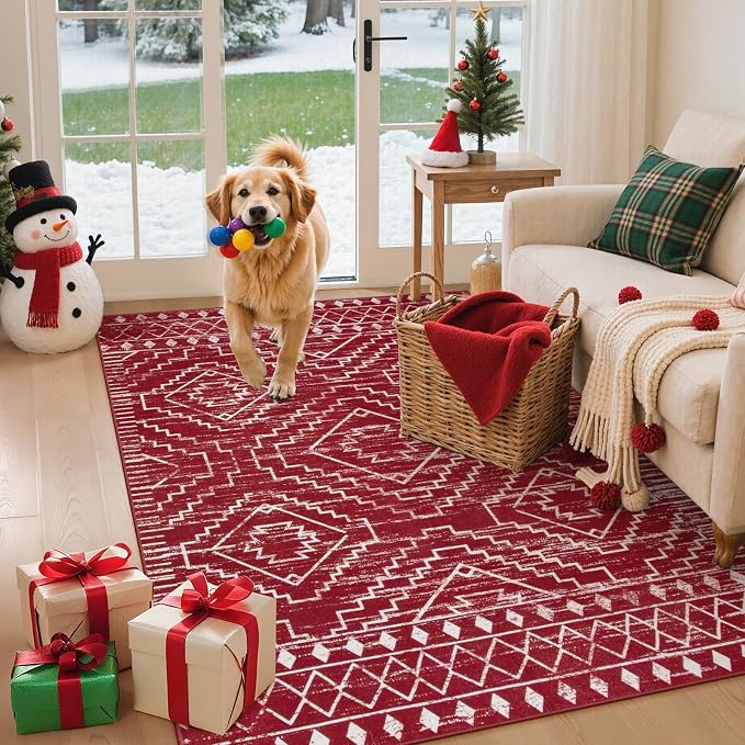Wonnitar Moroccan Washable 3x5 Rug for Living Room, Non-Slip Chrisrmas Rug for Entryway, Low Pile Soft Farmhouse Area Rug for Bedroom Entry Kitchen Basement (Red,3'x5')