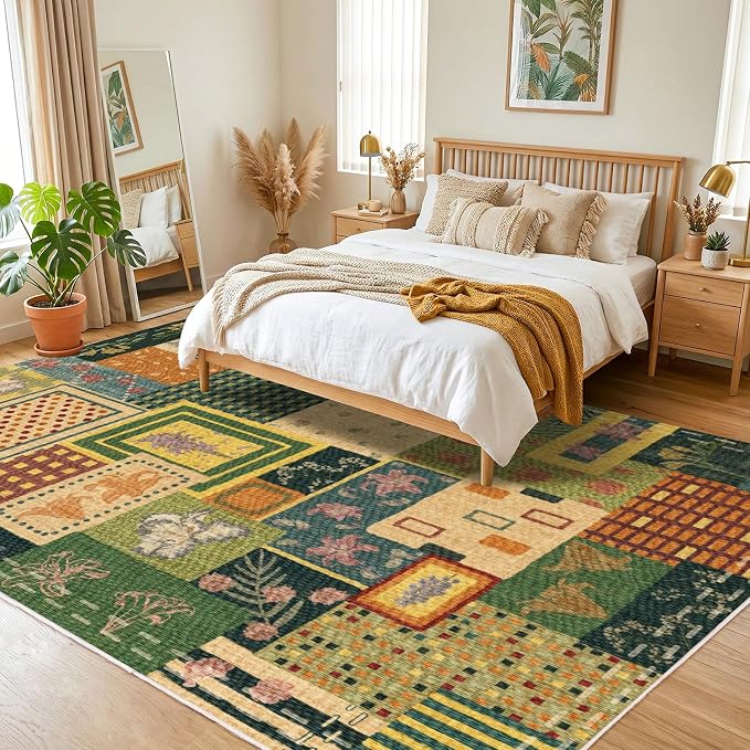 6x9 Flowers Patchwork Area Rugs for Living Room, Large Soft Faux Wool Rug for Bedroom, Green Boho Carpet, Non-Slip Low Pile Washable Rug for Dining Room Office Home Hardwood Floor