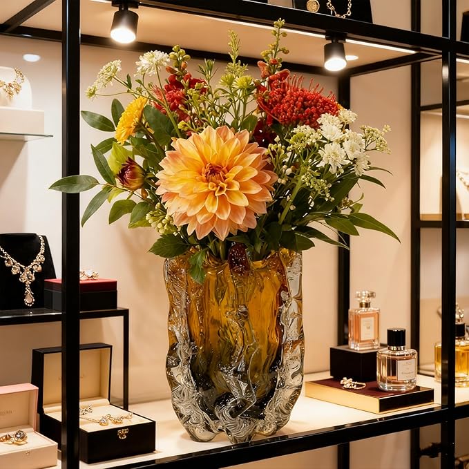 Blown Glass Bubble with Ruffled Edge Vase, Art Glass for Home Decor, Tall Vases for Centerpieces & Flowers, Crystal-Like for Bouquets & Pampas Grass, Vases Amber, Flower Bouquet Display (Yellow, S)