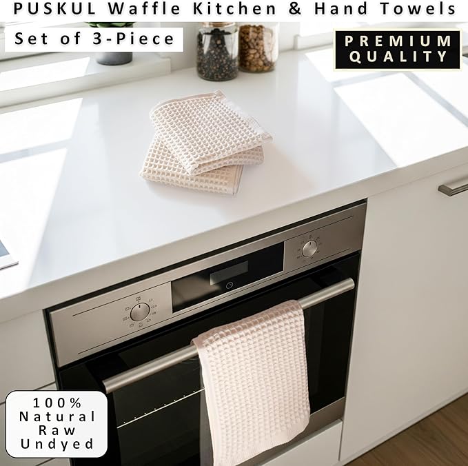 PÜSKÜL Organic Waffle Kitchen Towel Pure 100% Turkish Cotton Set of 3 Natural Raw-Undyed Towel - Premium Quality Soft Quick-Dry Absorbent Lint-Free Hand & Dish Towels Large 32X16 (3, Natural Beige)
