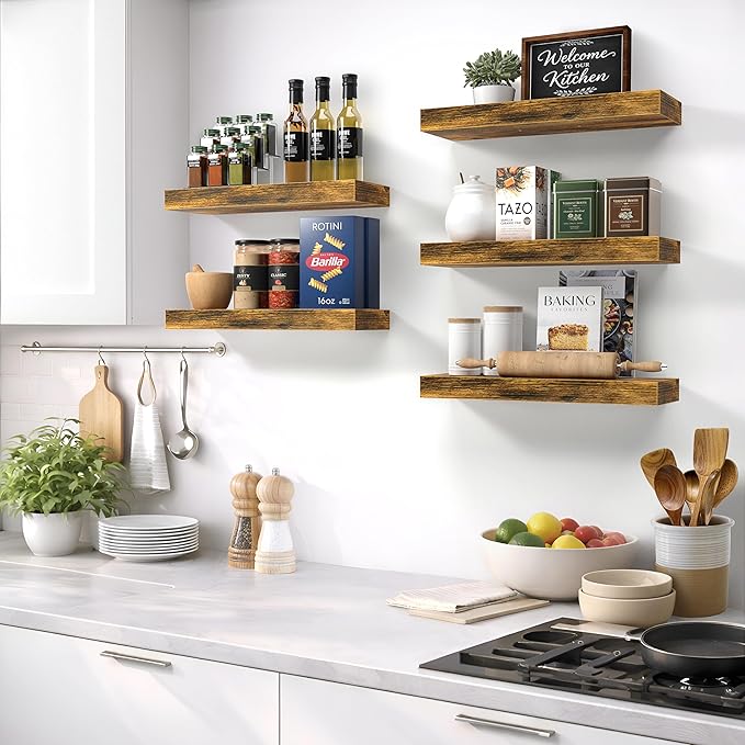 Sorbus Floating Shelves for Wall – 16 Inch Floating Shelf for Kitchen, Bedroom, Living Room, Bathroom, Home & Wall Decor - Mounted Bathroom Shelves with Invisible Brackets (Rustic Brown, 2 Pack)