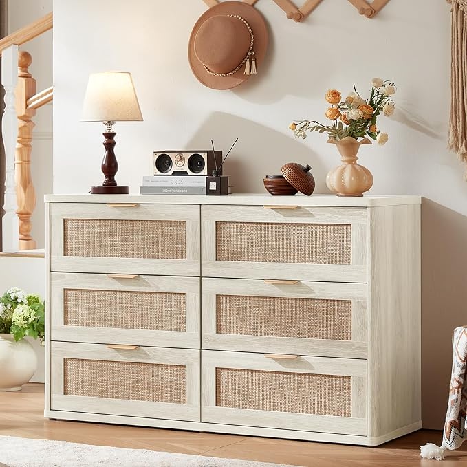LEYAOYAO Rattan 6 Drawer Dresser for Bedroom, Boho 48" Wide White Dresser Chest of Drawers, Dressers TV Stand with Metal Handle, Storage Dressers Closet Organizer for Living Room, Hallway