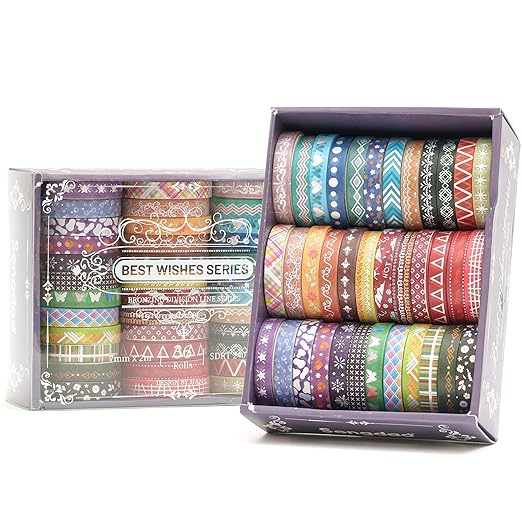 Songdao 36 Rolls Skinny Washi Tape Set Gold Foil Detailing Arts Adhesive Tapes Basic Patterns Decorative Masking Tape Sets for Craft, Kids, Scrapbook, DIY, Gift Wrapping (Colorful Silver)