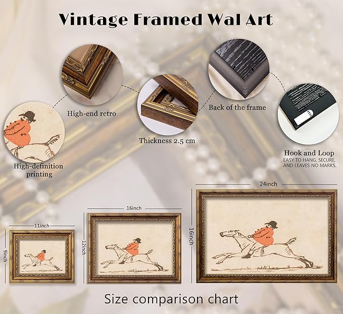 Vintage Gold Framed Hunting Equestrian Canvas Wall Art Horse and Rider Wall Decor Riding Horse painting Picture Retro Rustic Farmhouse print artwork for Farmhouse Bedroom Living Room 16X24in