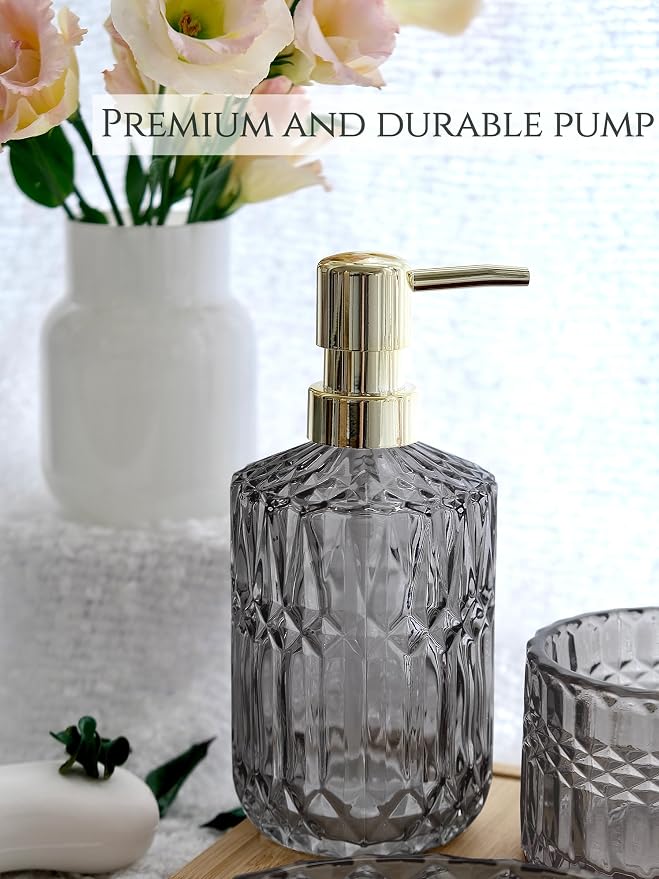 LaMarriti Gray Bathroom Accessories Set, 5Pcs Glass Bathroom Set, Soap Dispenser and Toothbrush Holder Set, Soap Dish, Q-Tips Holder Set, Black and Gold Accent for Vintage Bathroom Decor