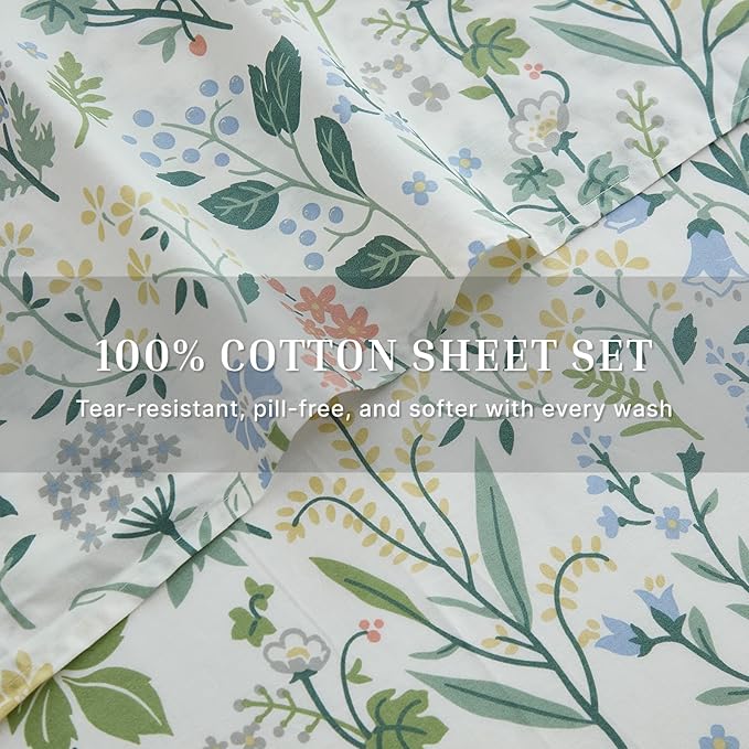 100% Cotton Sheet Set King Size – 4-Piece Vintage Green Garden Floral Bedding Set, Soft Breathable Percale Weave, Deep Pocket Fitted Sheet 17.5", Crisp Cool Feel, Refined Botanical Elegance