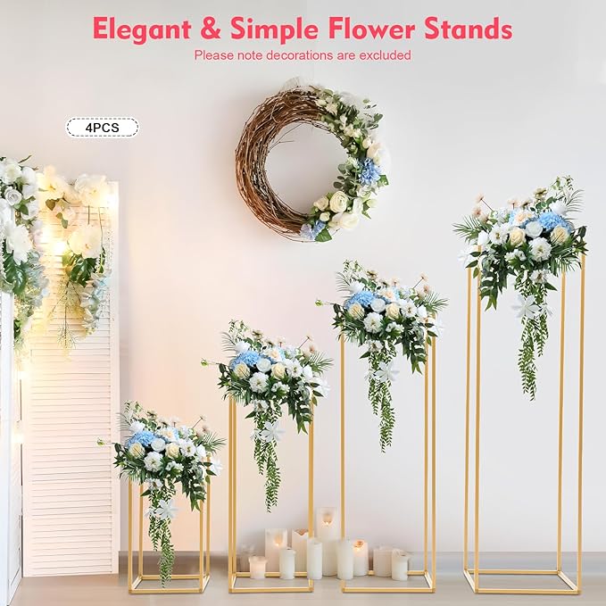 4Pcs Gold Wedding Flower Stands, 4 Different Sizes Metal Column Flower Holders Gold Flower Centerpieces Stands Wedding Metal Centerpieces Rectangular Vase for Wedding Decorations Party Event (4Pcs)