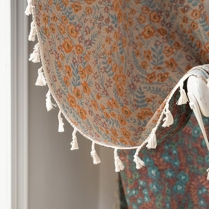 ENJOYBRIDAL Orange Floral Curtains 63 Inch Length Boho Light Filtering Drapes Short Vintage Jacquard Rod Pocket Window Curtains Semi Sheer Bedroom Living Room Tassel 2 Panels Set Window Treatments