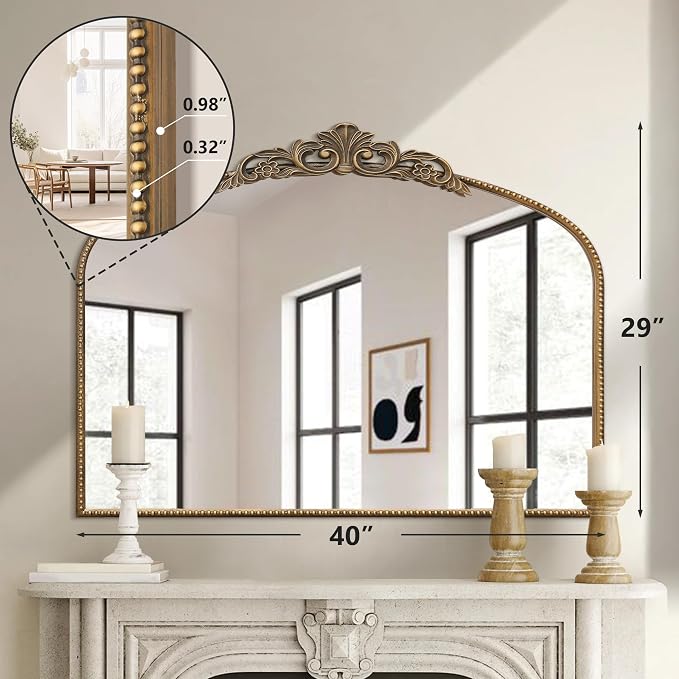 Micasso Large Vintage Gold Mirror: 40"x29" French Baroque Antique Arched Mirror - Traditional Ornate Decorative for Wall/Fireplace/Mantel/Entryway/Bathroom/Hallway - Home Decor for Living Room